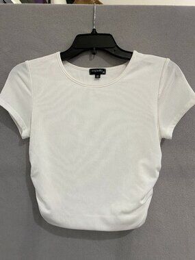 Originality White Ribbed Ruched Side Stretch Tee Top Medium Made in USA